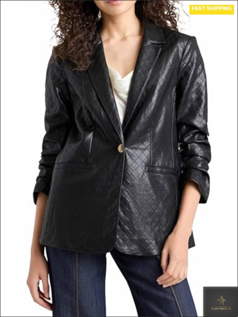 Quilted Faux Leather Blazer, Notch Lapel 3/4 Sleeve, Casual Suiting